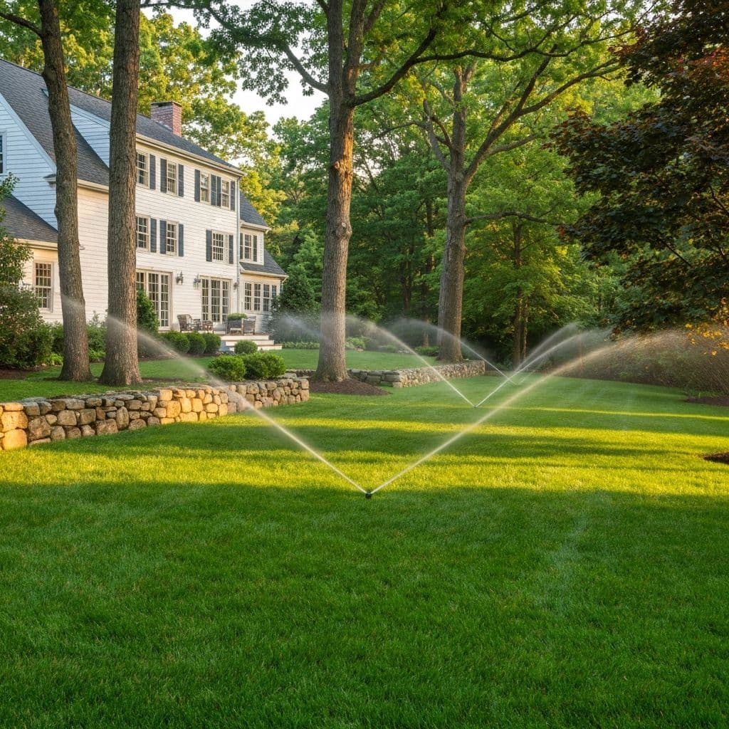 Lush Connecticut lawn with irrigation sprinklers running