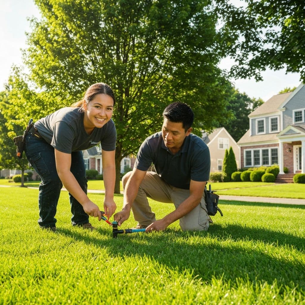 Fairway Irrigation technicians installing a sprinkler system in a Connecticut yard