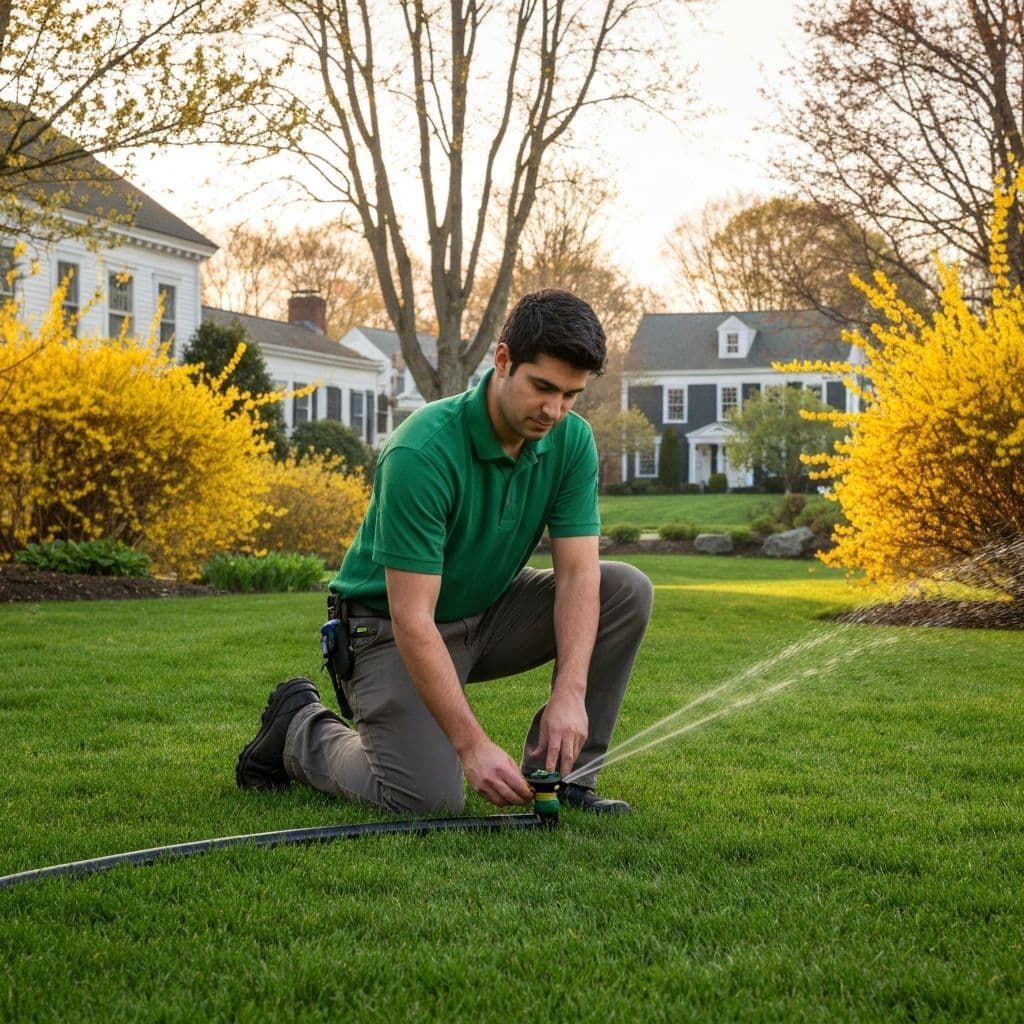 Fairway Irrigation technician adjusting sprinkler head during spring startup service in Connecticut