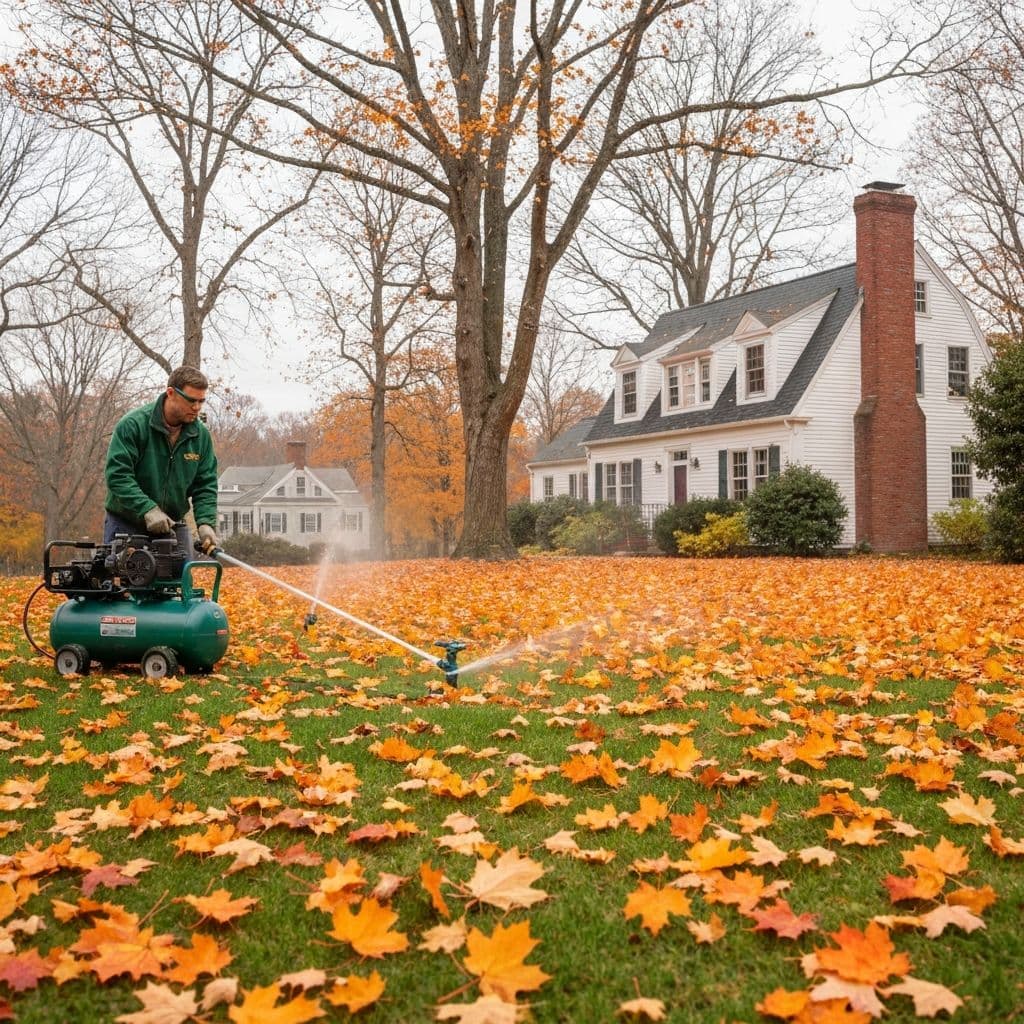 Fairway Irrigation technician performing winterization blow-out on a Connecticut lawn